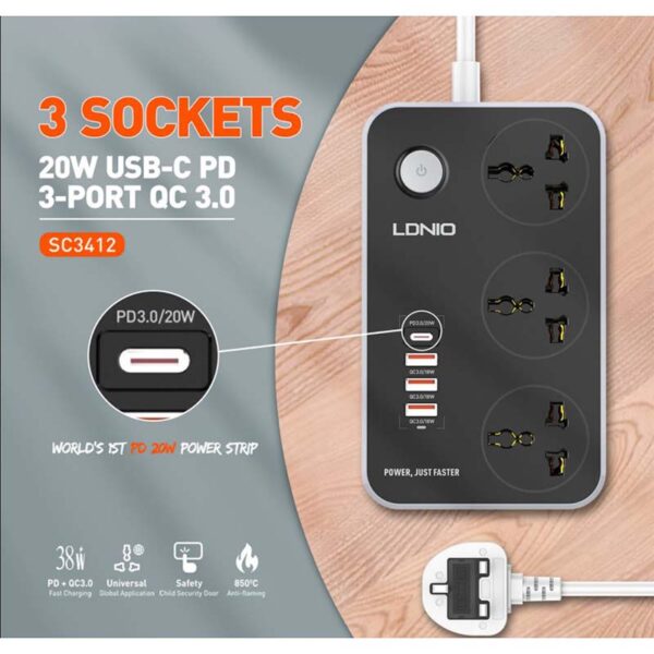 LDNIO SC3412 38W PD20W 3 Socket Outlets and 3 QC 3.0 USB Power Strip