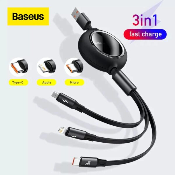 BASEUS Bright Mirror One-for-three 1.2M Retractable Data Cable USB to M+L+C 66W Charging Cord