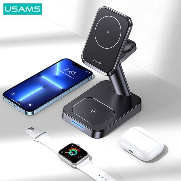 USAMS US-CC150 15W Magnetic Wireless Charger Fast Charging Stand Dock Station for iPhone/AirPods/iWatch