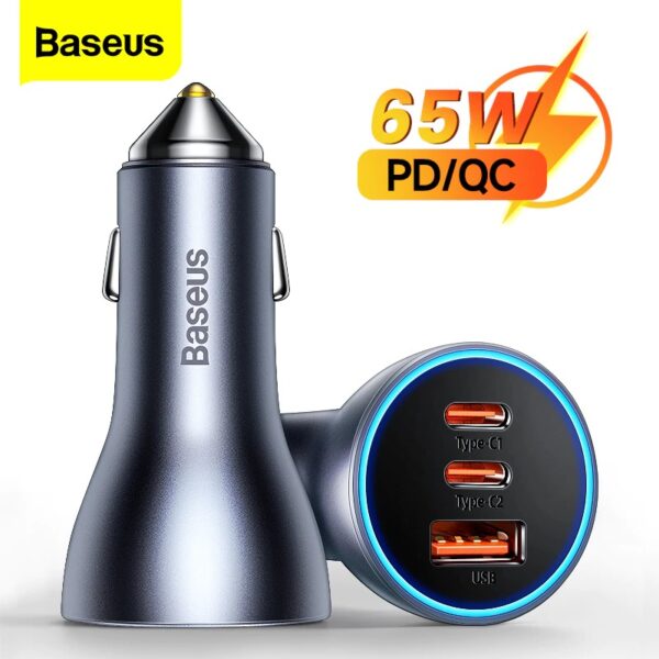 BASEUS Golden Contactor Pro Triple Fast Car Charger 65W USB+2 Type-C Ports Adapter