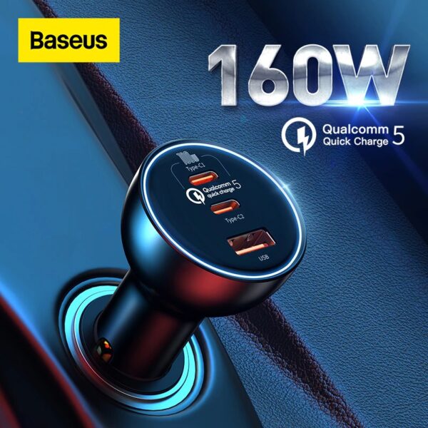 BASEUS Qualcomm QC 5.0 Technology Multi-Port Fast Charge Car Charger Type-C+Type-C+USB 160W Power Adapter