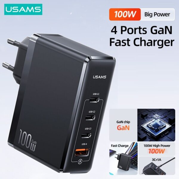 USAMS US-CC163 T50 Power Adapter 3 Type-C+1 USB-A 100W 4 Ports GaN Fast Charger