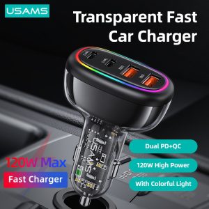USAMS US-CC169 C34 PD 30W + QC3.0 2 USB-A + 2 Type-C 120W Transparent Fast Car Charger