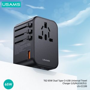 USAMS US-CC199 65W GaN Fast Charging Dual Type-C+USB-A Universal Travel Adapter (US / AU / UK / EU Plug)