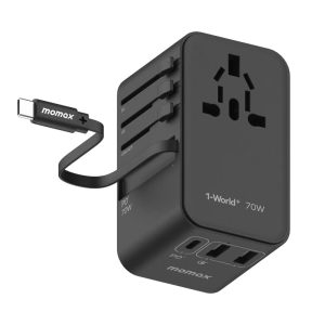 Momax UA18 1-World+ 70W GaN 3-Port AC Travel Charger Adapter with Retractable USB-C Cable
