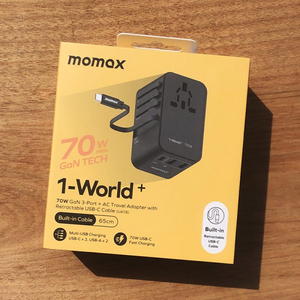 Momax UA18 1-World+ 70W GaN 3-Port AC Travel Charger Adapter with Retractable USB-C Cable