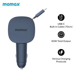 Momax 1-Move⁺ 2-Port 60W Car Charger With Built-In Retractable Cable