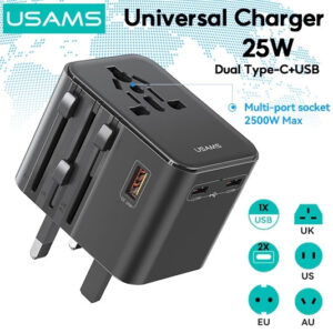 Usams CC309 25W Dual Type-C + USB Universal Travel Adapter